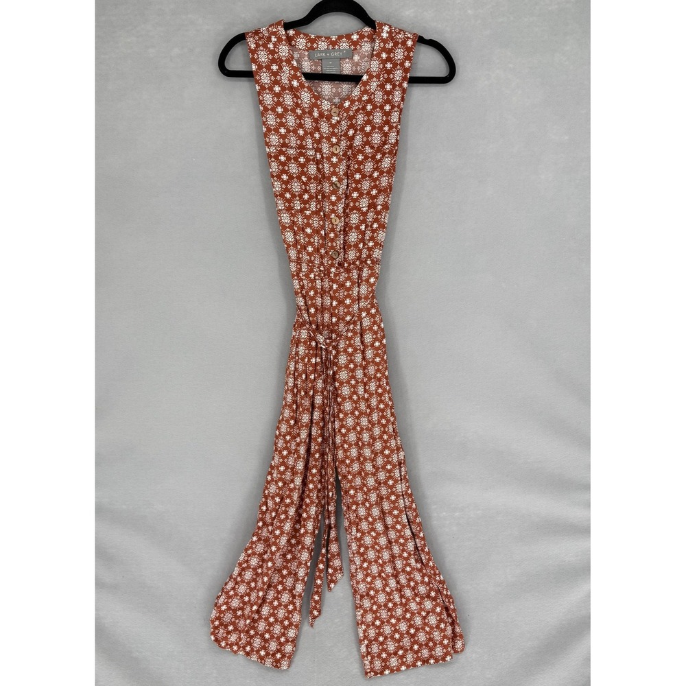 Lark + Grey Jumpsuit Womens Medium Brown Floral Sleeveless Wide Leg‎ Tie Waist